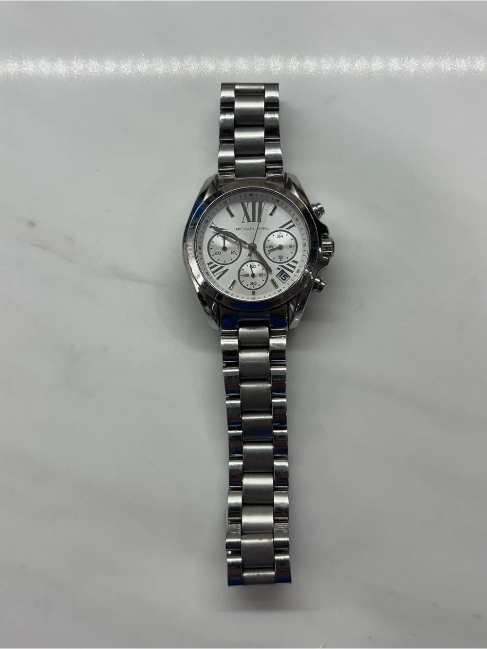 Michael Kors MK6174 Silver Stainless Chronograph Watch White Dial Needs Battery